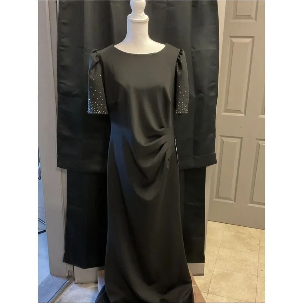 Xscape Black Long Sleeve Evening Gown with Studded Sleeves